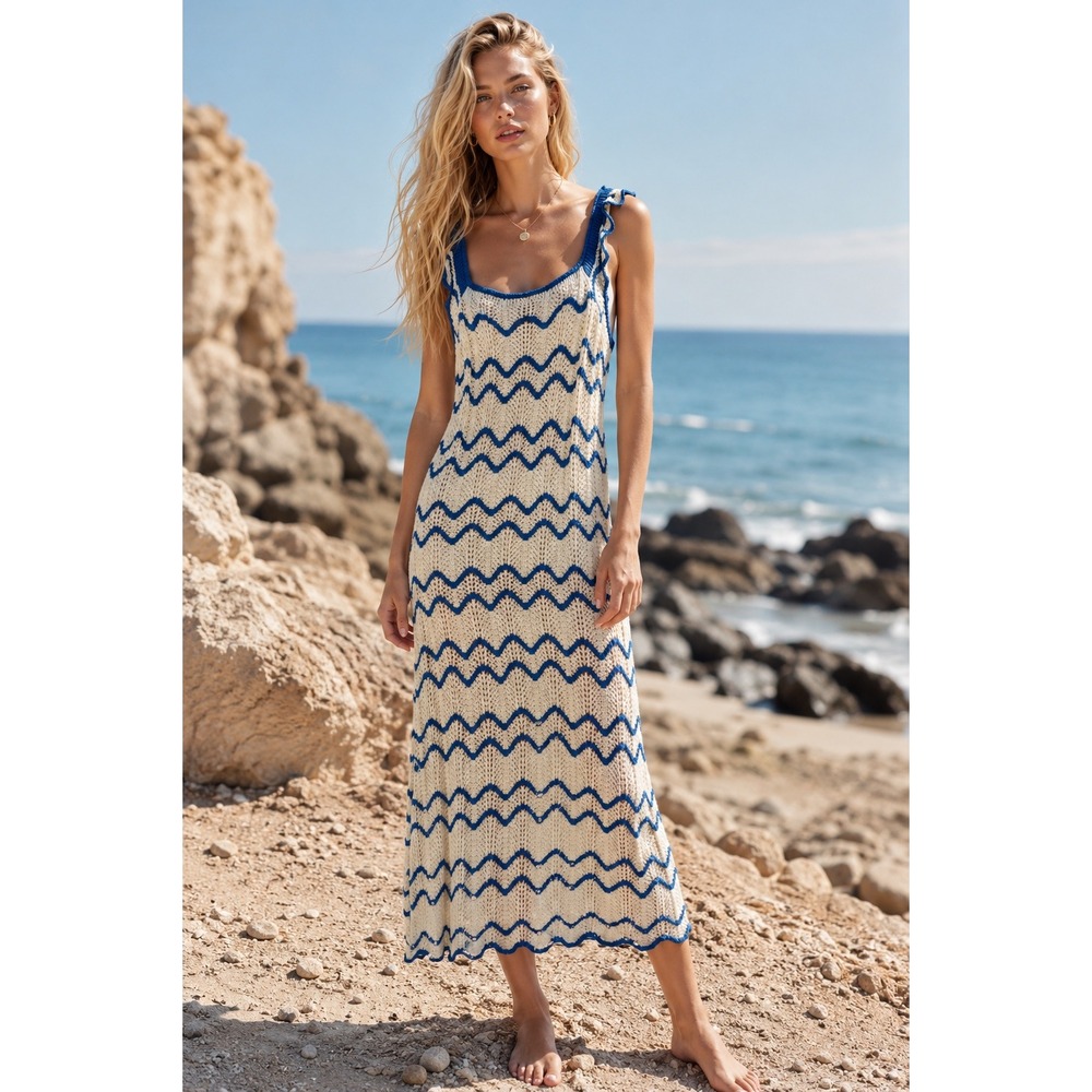 Skies Are Blue Chevron Crochet Knit Midi Dress Ivory Blue Size Large NWT